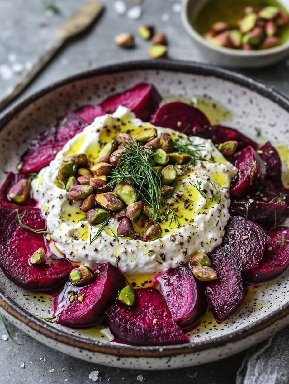 Rødbeder med burrata og pistacie